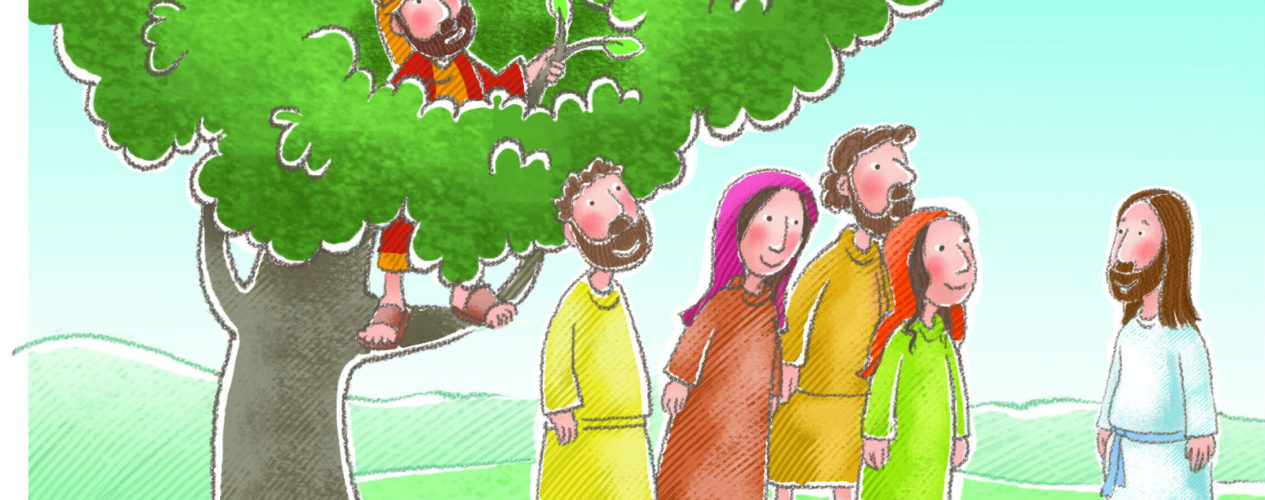 A cartoon drawing of Zacchaeus in a tree.