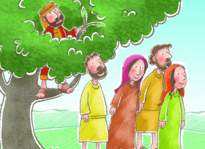 A cartoon drawing of Zacchaeus in a tree.