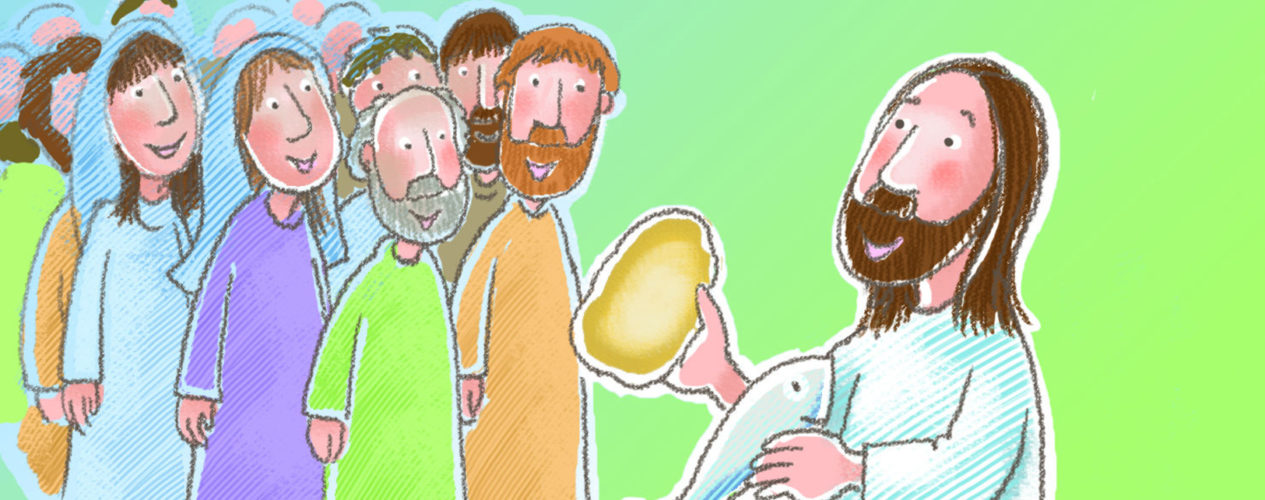 A cartoon drawing of Jesus showing the disciples the loaves and fish before he feeds the 5,000.