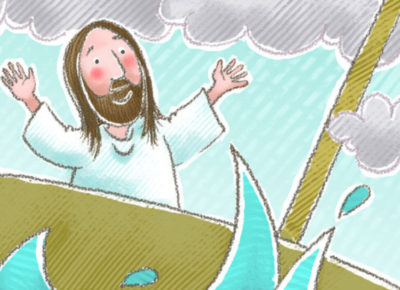 A cartoon depiction of Jesus calming the storm on the Sea of Galilee.