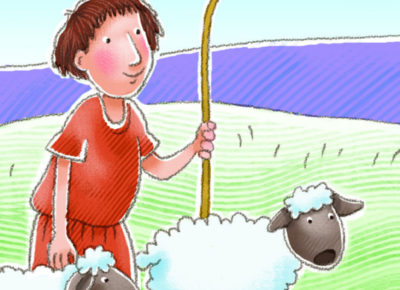 An illustration of David shepherding sheep, like the metaphor in Psalm 23.