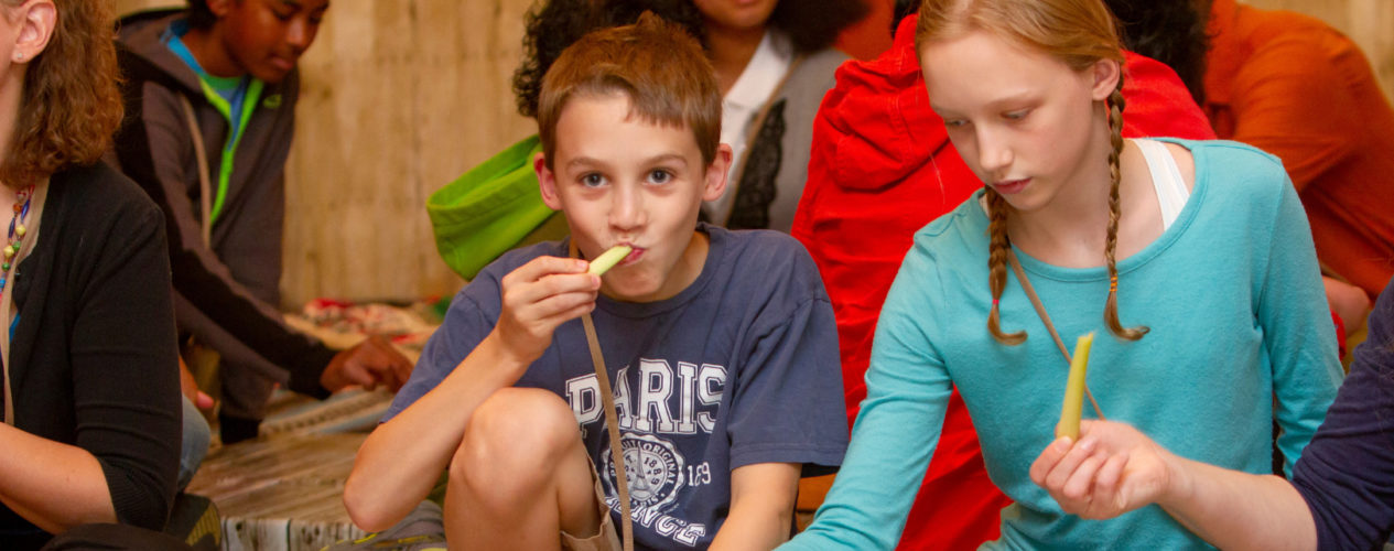 A preteen boy and girl are sitting on the ground around a table on the ground. The boy is eating a piece of celery.