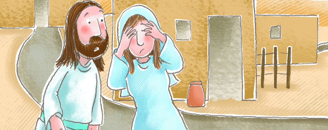 A cartoon of Jesus talking to Lazarus' sister before raising him from the dead.