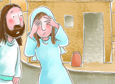 A cartoon of Jesus talking to Lazarus' sister before raising him from the dead.