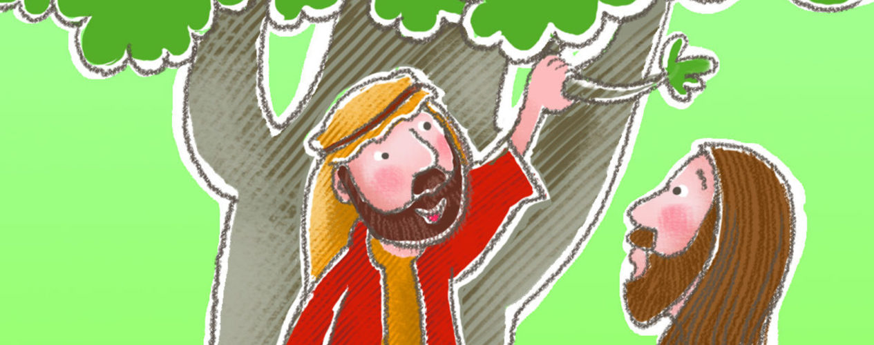 A cartoon drawing of Jesus talking to Zaccheaus in a tree.