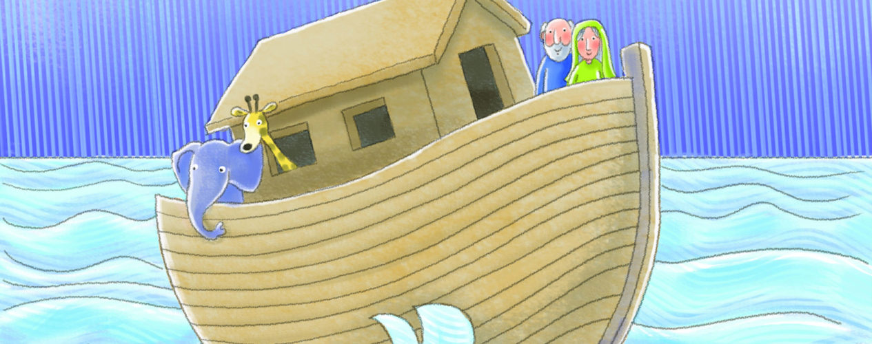 A cartoon drawing of Noah and his wife on the Ark.