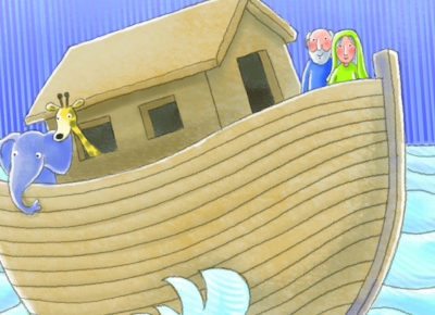 A cartoon drawing of Noah and his wife on the Ark.