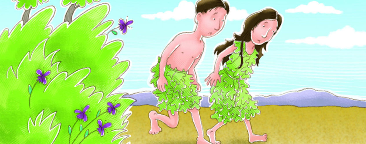 A cartoon drawing of Adam and Eve walking through the garden.
