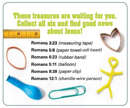 Checklist for Romans activity. It reads "These treasure are waiting for you. Collect all six and find the good news about Jesus!"