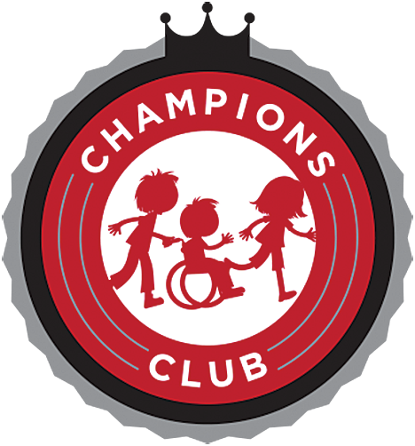 Champions Club logo: a red medal surrounded by a silver outline. It reads "Champions Club" and features red shadows of three children, one that's in a wheelchair.