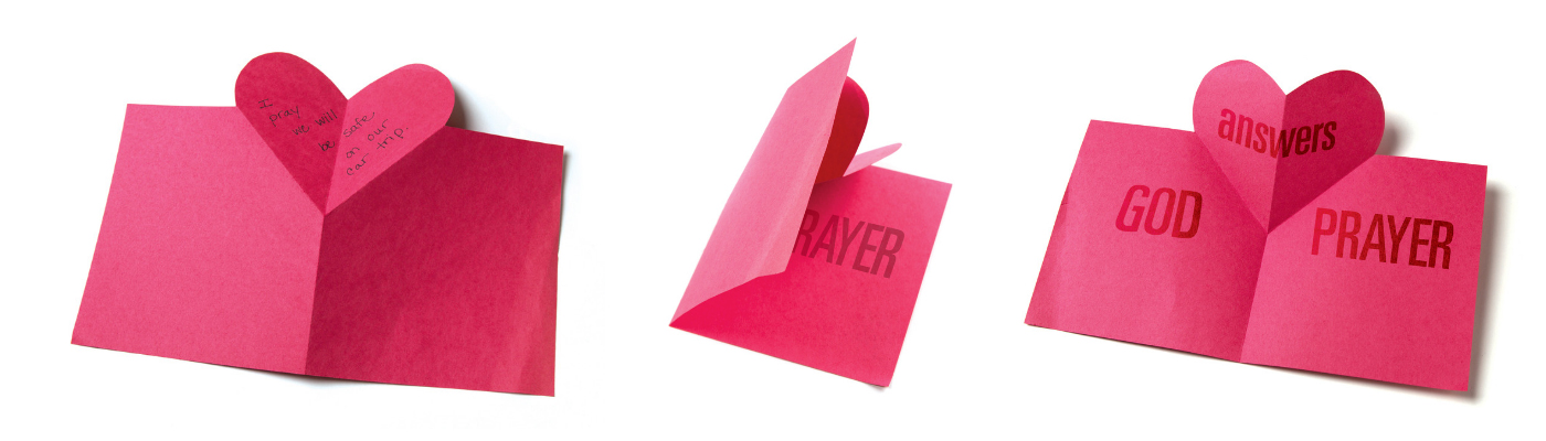 Pop-Up Prayer Activity showing the prayer written on the heart, the folding of the paper, and the flipping the paper to say "God Answers Prayer".