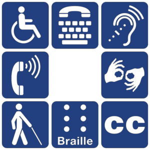 Signs for different abilities such as wheelchair, hard of hearing, closed captioning, and braille.