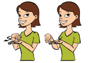 Cartoon women in a green shirt signing the phrase "forgive".