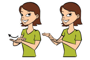 Cartoon women in a green shirt signing the word "nice".