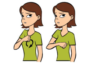 Cartoon women in a green shirt signing the word "sorry".