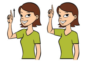 Cartoon women in a green shirt signing the word "up".
