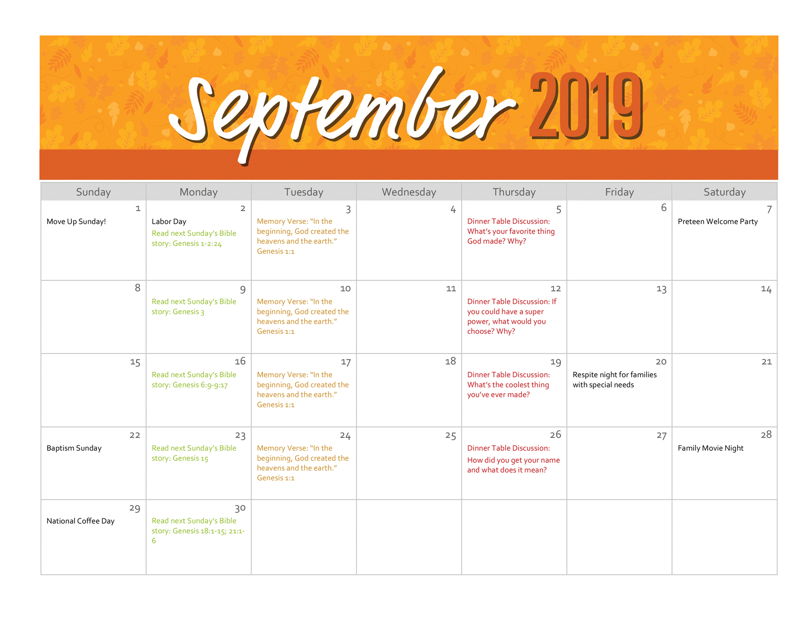 A sample ministry calendar for September 2019.