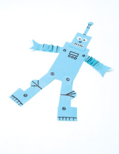 A classic-looking robot made out of light blue construction paper.
