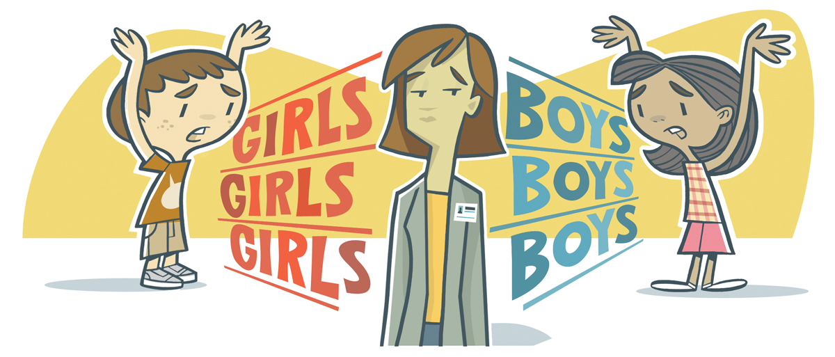 A cartoon showing a tired looking woman in between a boy who's shouting "Girls, girls, girls" and a girl who's shouting "boys, boys, boys". It's clear she's caught in a discussion about favoring boys or girls.