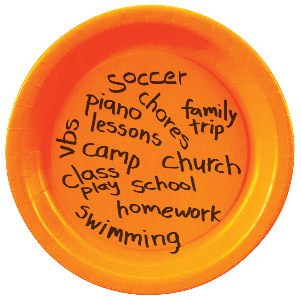 An orange paper plate with common commitments for kids like soccer, piano, church, and chores.
