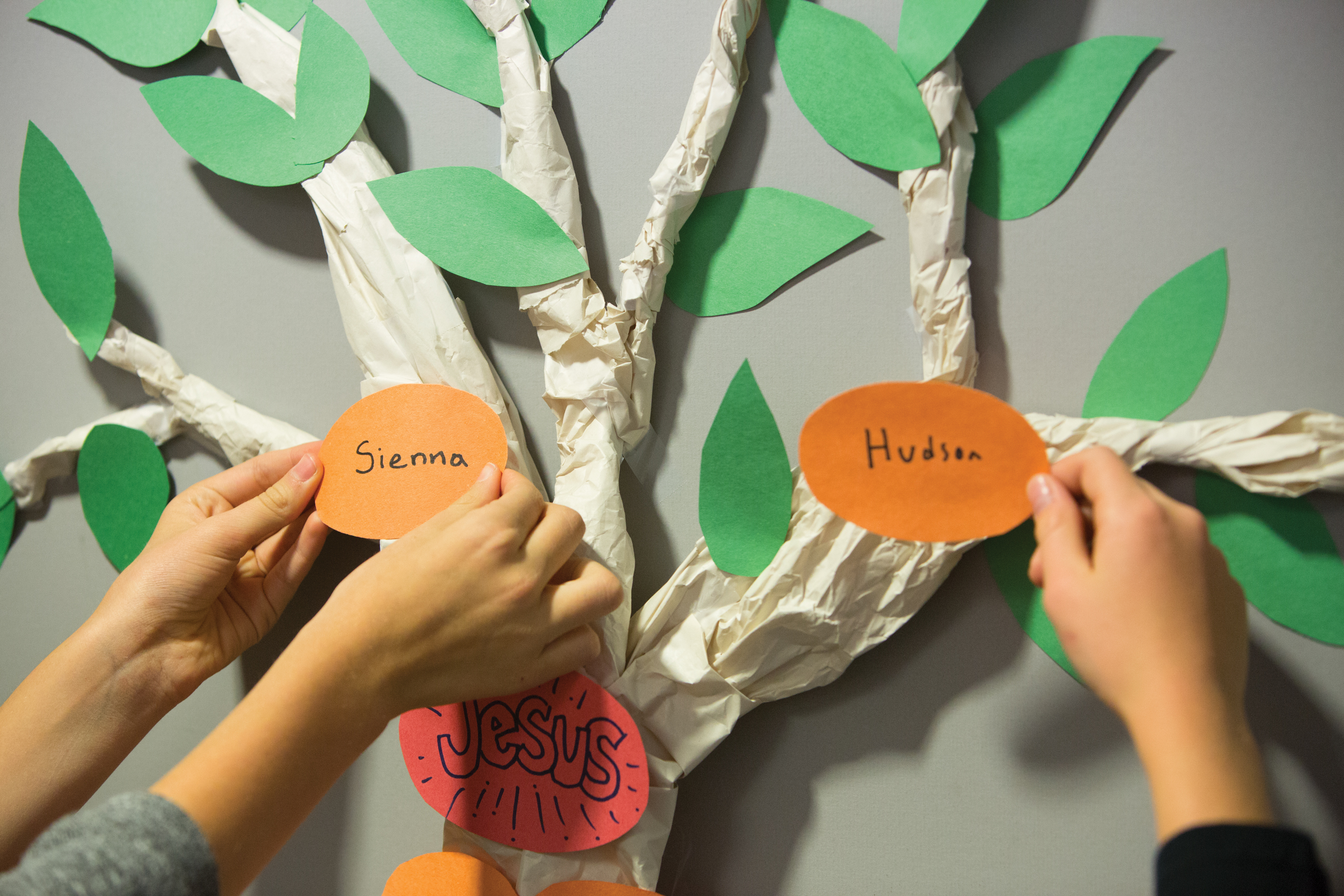 Children placing their names on a tree.