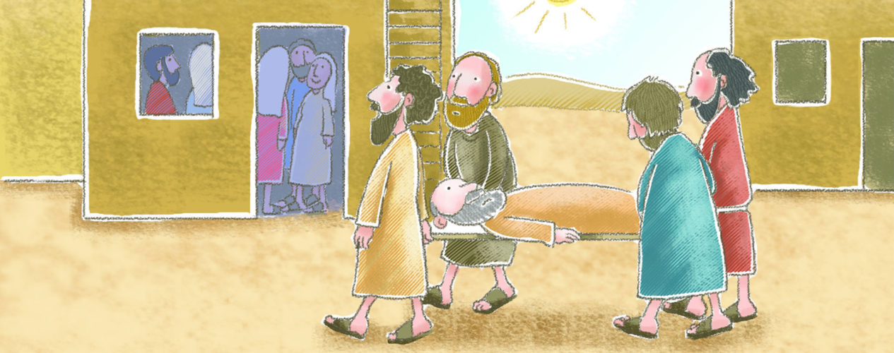 A cartoon of four friends carrying their paralyzed friend on a stretcher through a Biblical town. Other people are watching them through the windows of their dwellings.