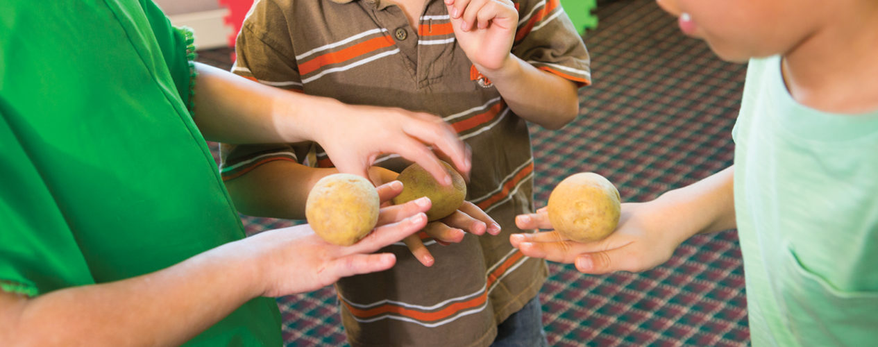 Three elementary-aged boys are playing a simple, discussion starting game with potatoes.